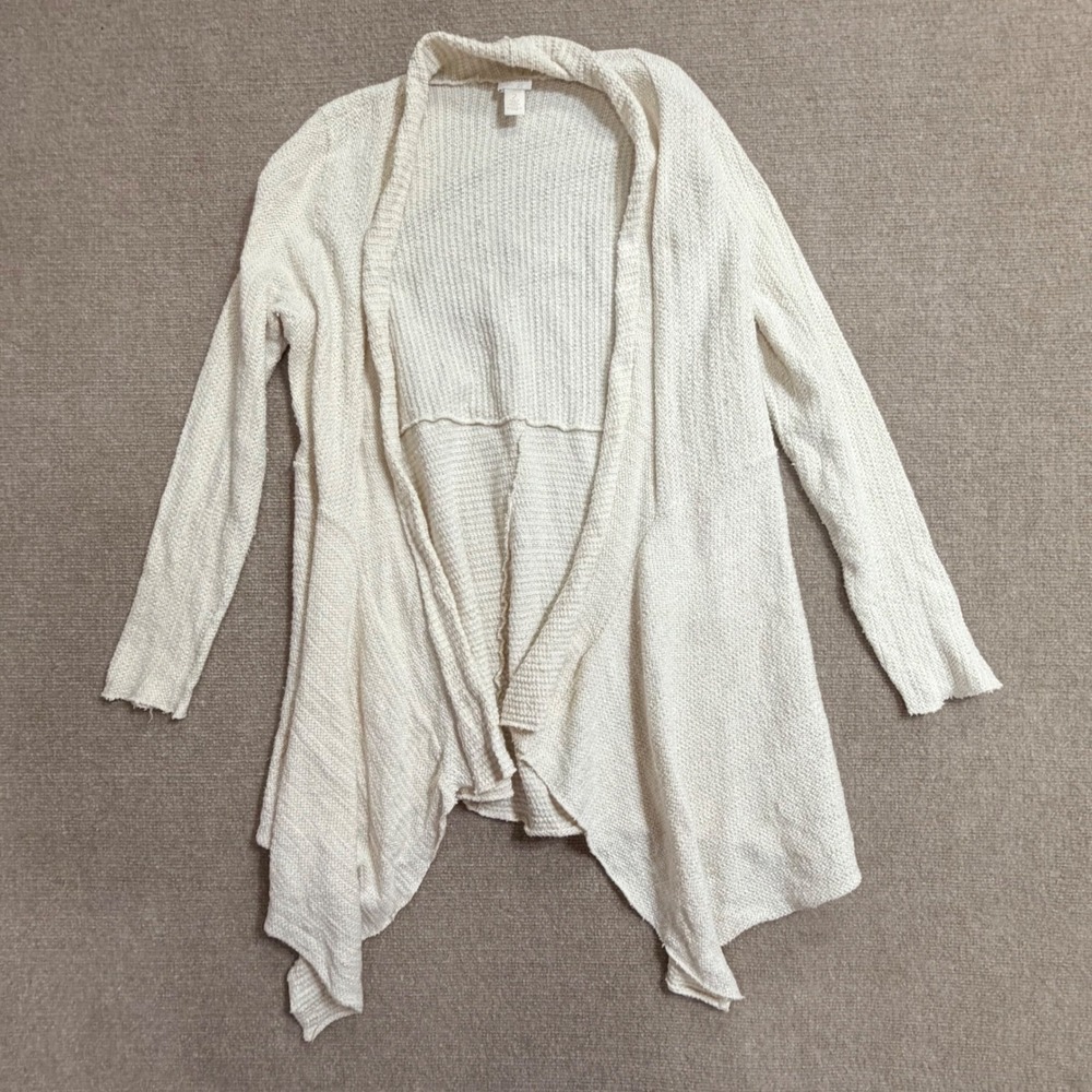 Chicos Cream Metallic Shimmer Open Front Draped‎ Cardigan Sharkbite Hem Size 2 L